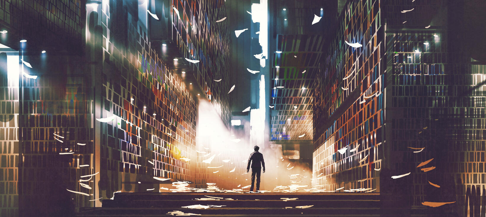 Person standing in a strange library.